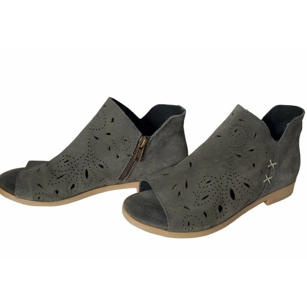 COOLWAY Nelia Grey Suede Laser Cut Leather Peep Toe Booties 37 EU 7 US
